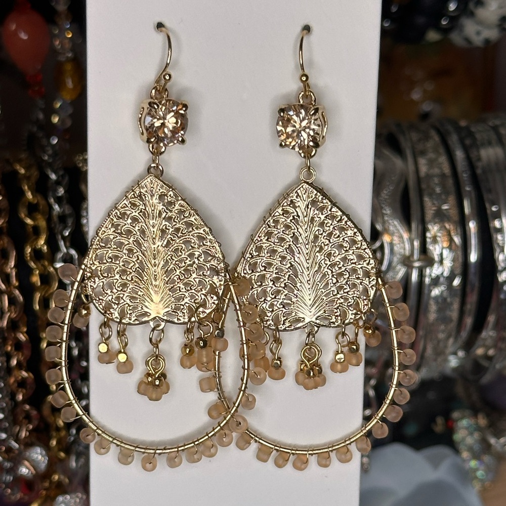 Gold Tone Chandelier Dangle Rhinestone Beaded Hoop Women's Fashion Earrings E13